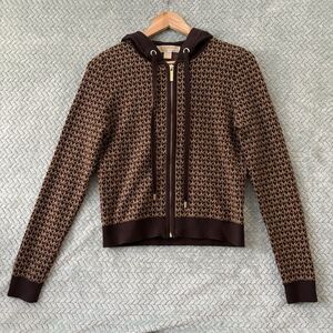 Michael Kors Monogram Zip Hoodie | Y2K Designer | Brown | XS